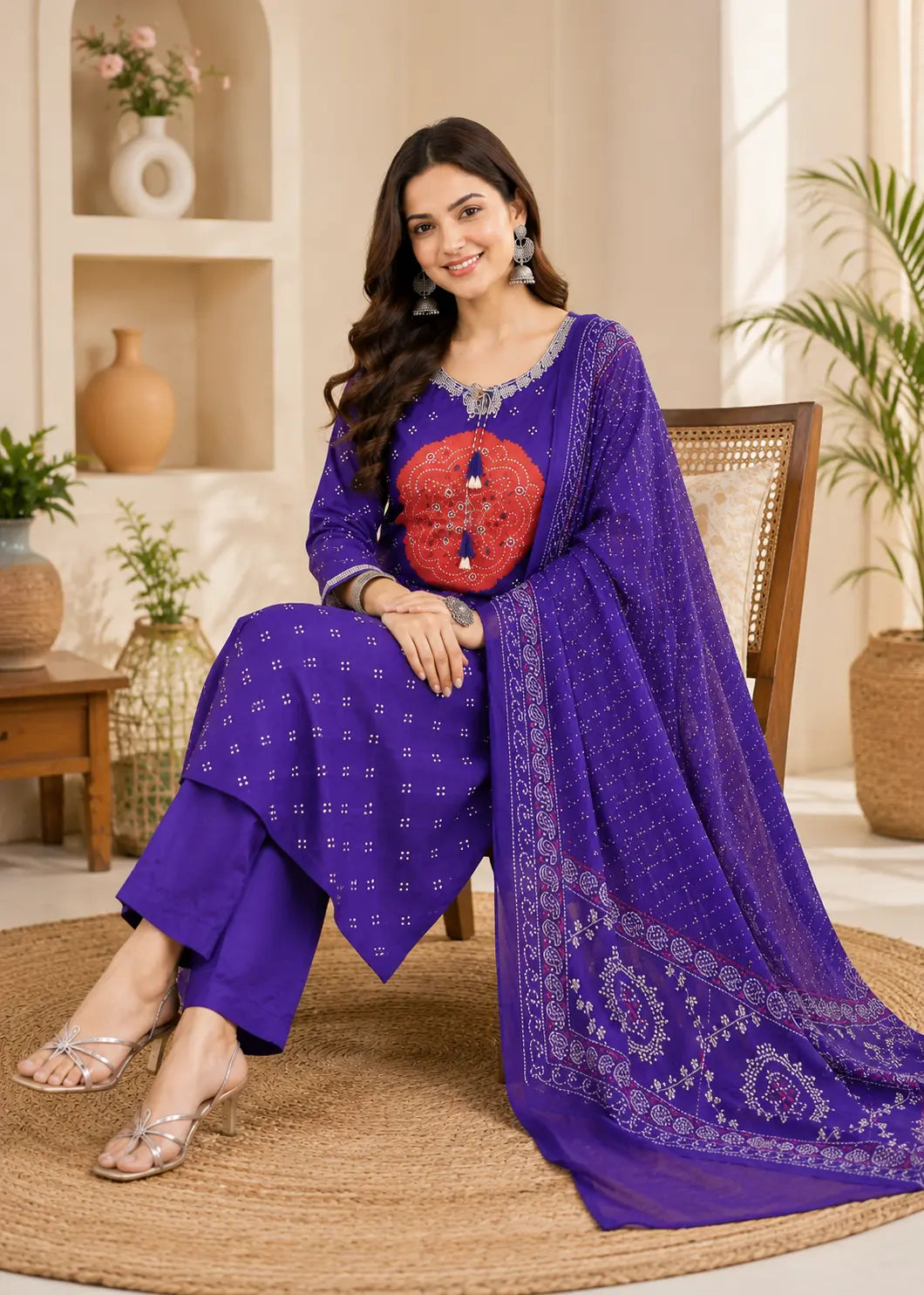 Purple & Pink Bandhej Pure Cotton 3-Piece Kurta Pant Dupatta Set for Women