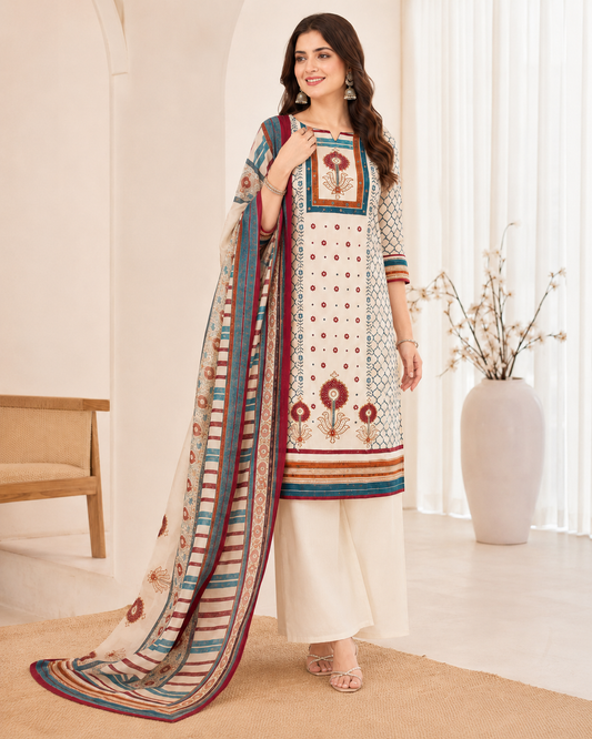 White Cotton Kurta Pant Dupatta Set with Embroidery & Mirror Work