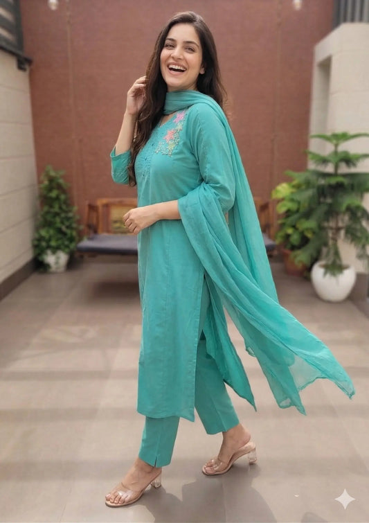 Mint embroidered and Handwork Kurta Set