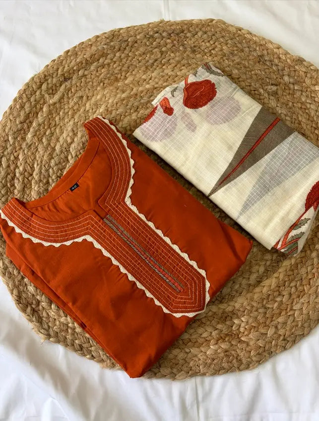 Women's Cotton 3-Piece Kurta Pant Set with Doriya Dupatta, Thread & Lace Work