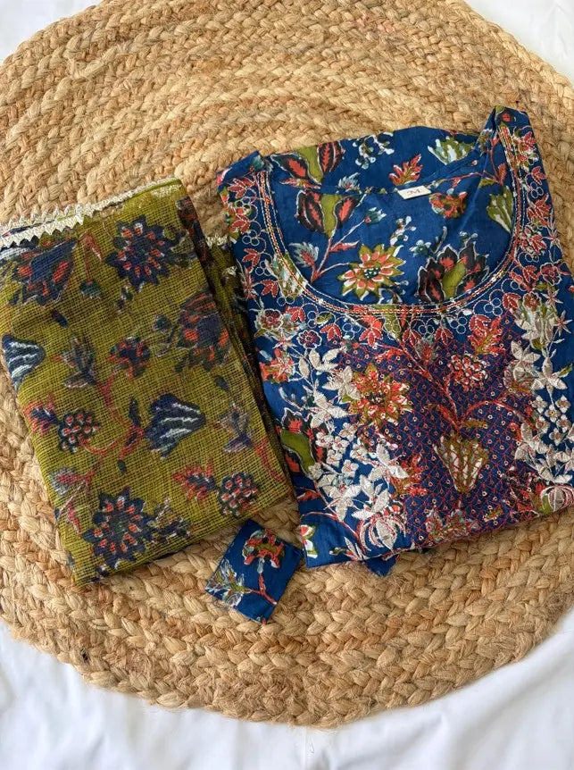 Blue Floral Printed Kurta Pant Set with dupatta