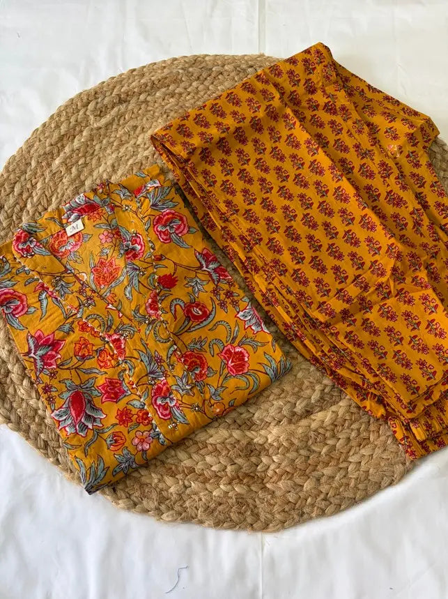Mustard Cotton Floral Printed Kurta Pant Set,