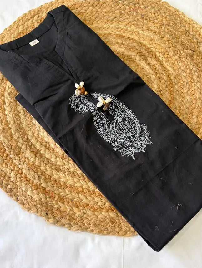 Black Cotton Straight Kurta with Curve Hem Pant set