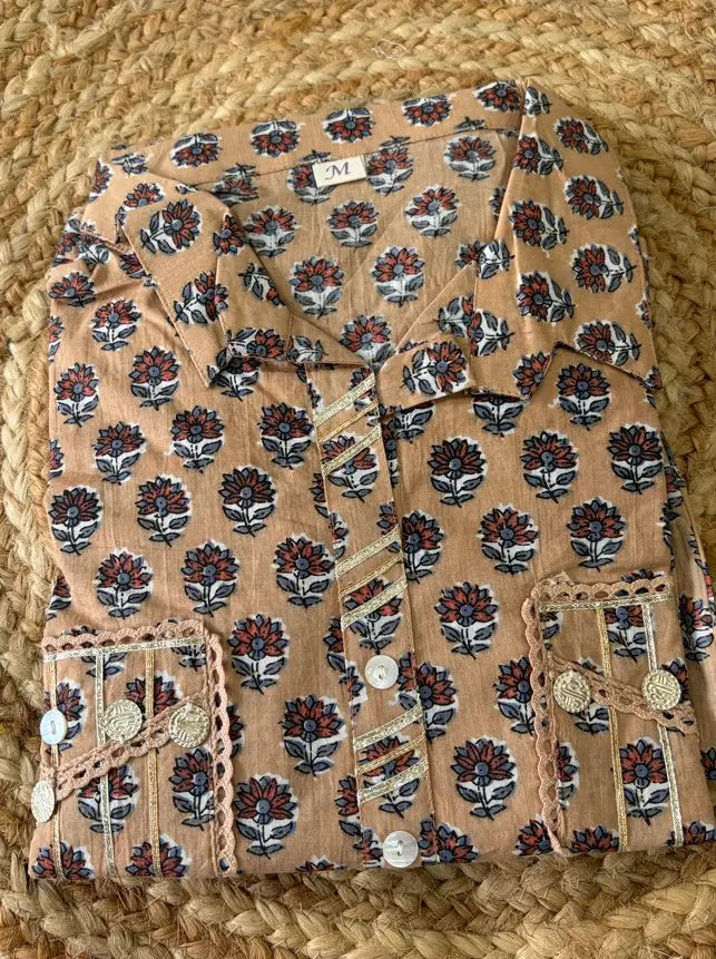 Beige Cotton Shirt Style Kurta Hem Cuffed Pant Co-ord Set