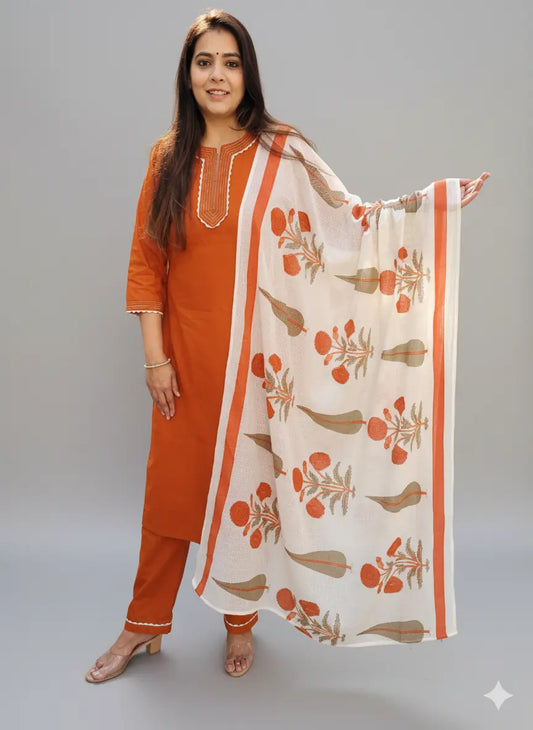 Women's Cotton 3-Piece Kurta Pant Set with Doriya Dupatta, Thread & Lace Work