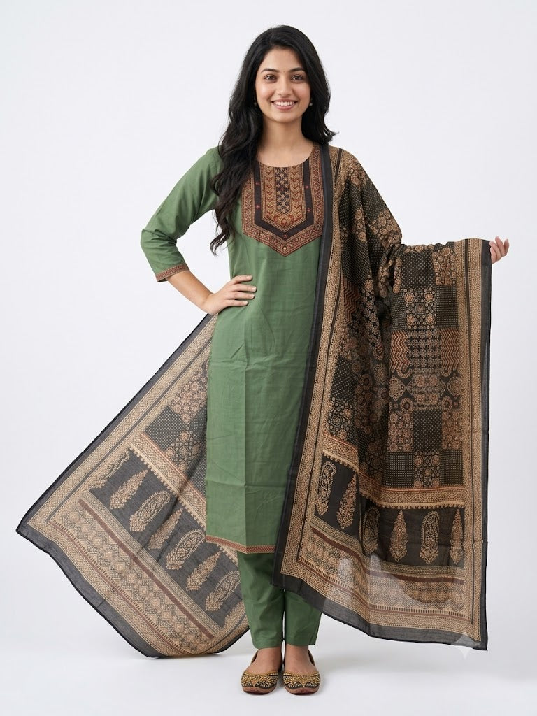 Women's Gamthi Cotton Mirror & Patch Work Kurta Pant Dupatta Set (Pista Green)
