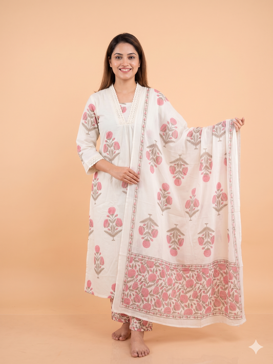 Pink and white pure cotton Kurta pant set with Dupatta