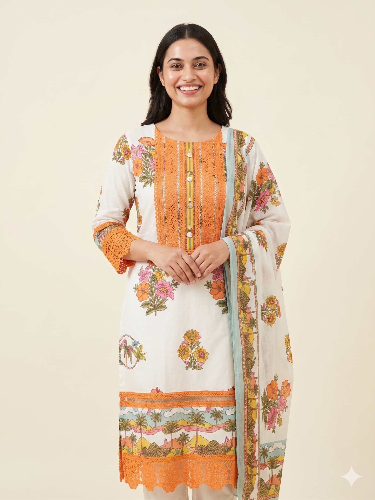 Orange and white Pure cotton with beautiful lace work