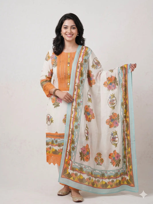 Orange and white Pure cotton with beautiful lace work