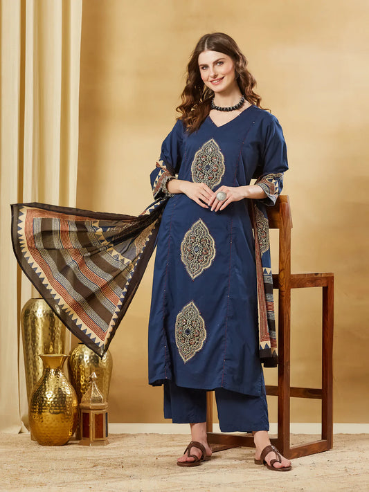 Blue Ajrakh Print with Mirror Work Cotton Kurta Set With Dupatta
