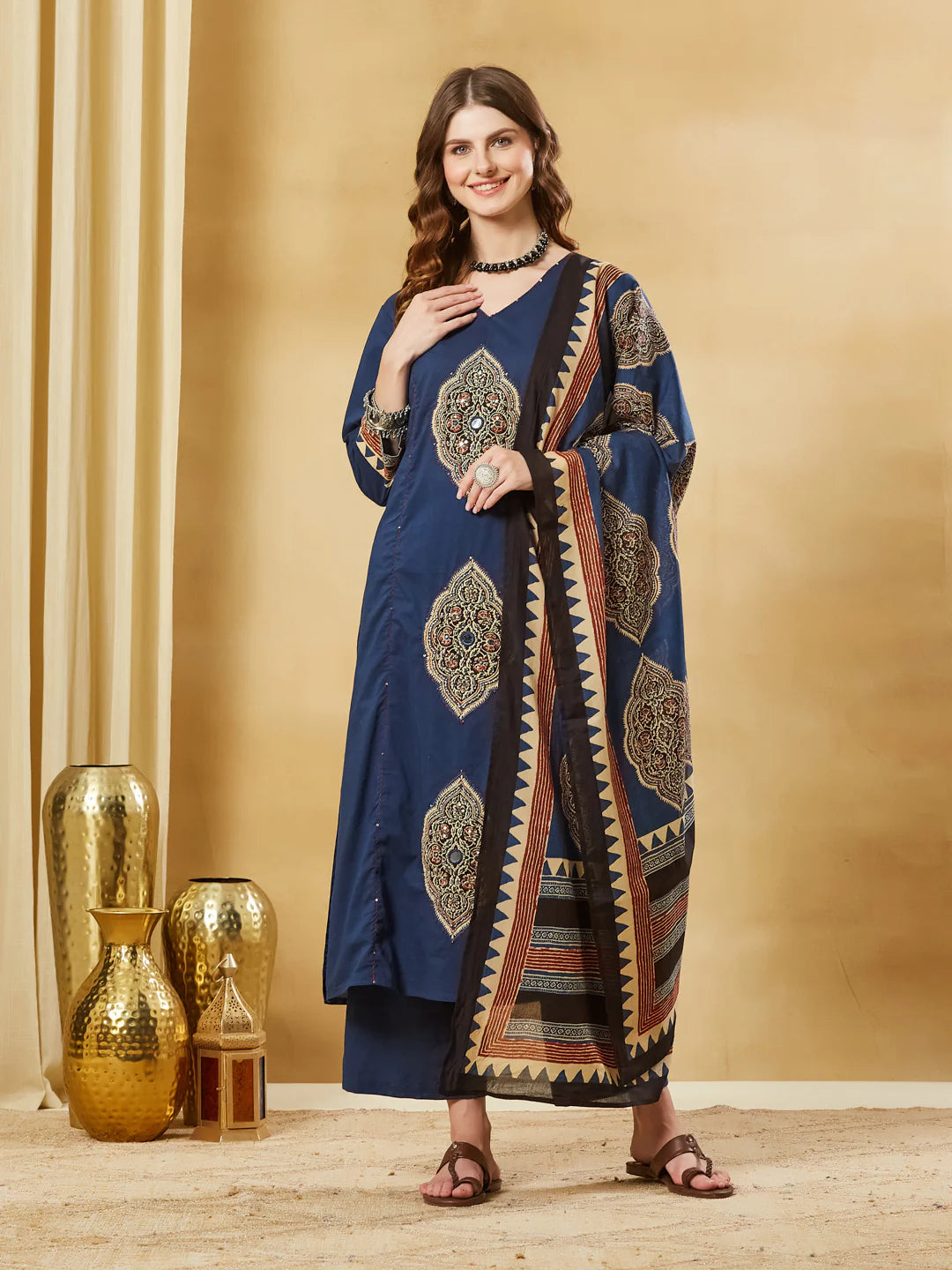Blue Ajrakh Print with Mirror Work Cotton Kurta Set With Dupatta