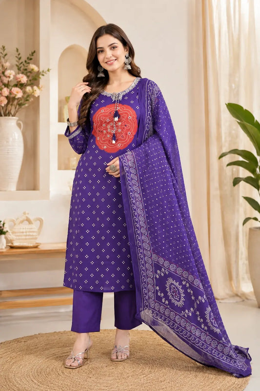 Purple & Pink Bandhej Pure Cotton 3-Piece Kurta Pant Dupatta Set for Women