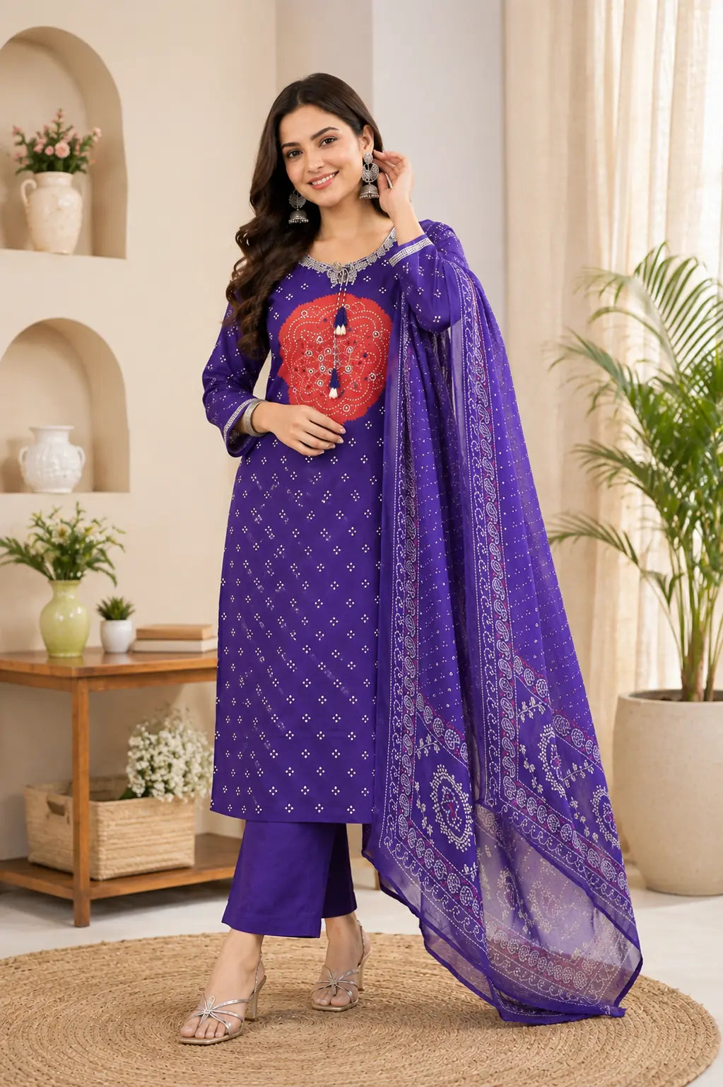 Purple & Pink Bandhej Pure Cotton 3-Piece Kurta Pant Dupatta Set for Women