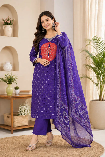 Purple & Pink Bandhej Pure Cotton 3-Piece Kurta Pant Dupatta Set for Women