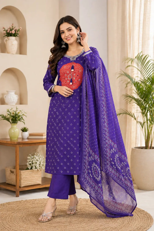 Purple & Pink Bandhej Pure Cotton 3-Piece Kurta Pant Dupatta Set for Women