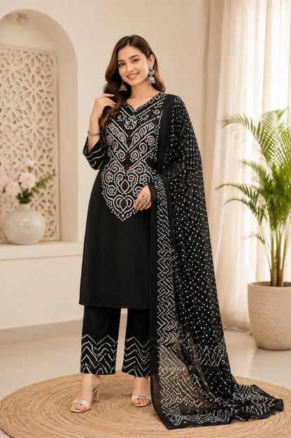 Black Bandhej Print 3-Piece Kurta Pant Dupatta Set for Women