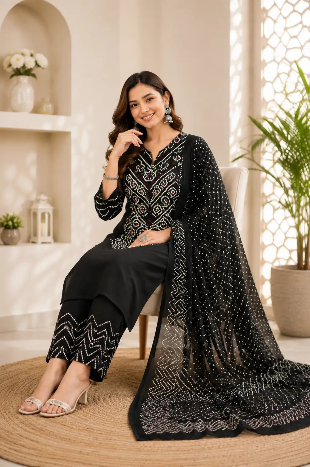 Black Bandhej Print 3-Piece Kurta Pant Dupatta Set for Women