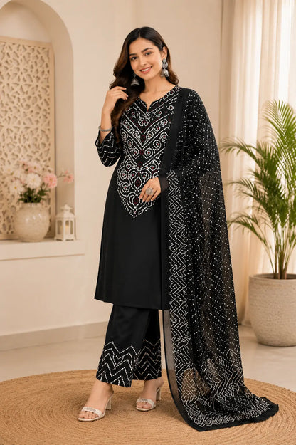 Black Bandhej Print 3-Piece Kurta Pant Dupatta Set for Women