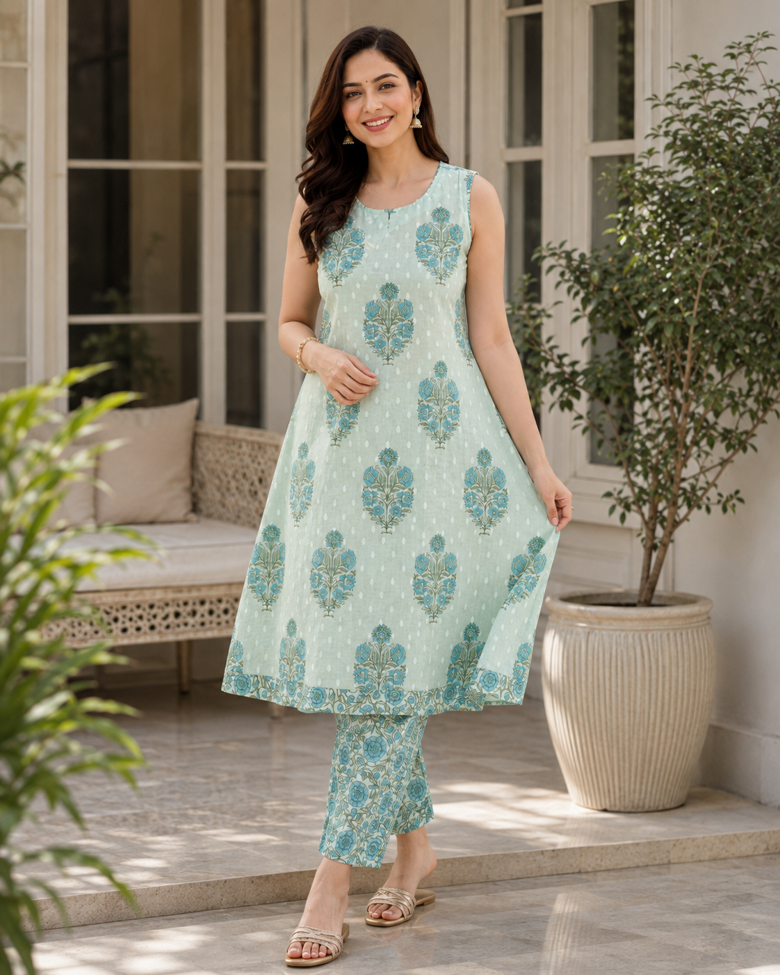 Mint Green Floral Print Cotton Kurta Pant Set