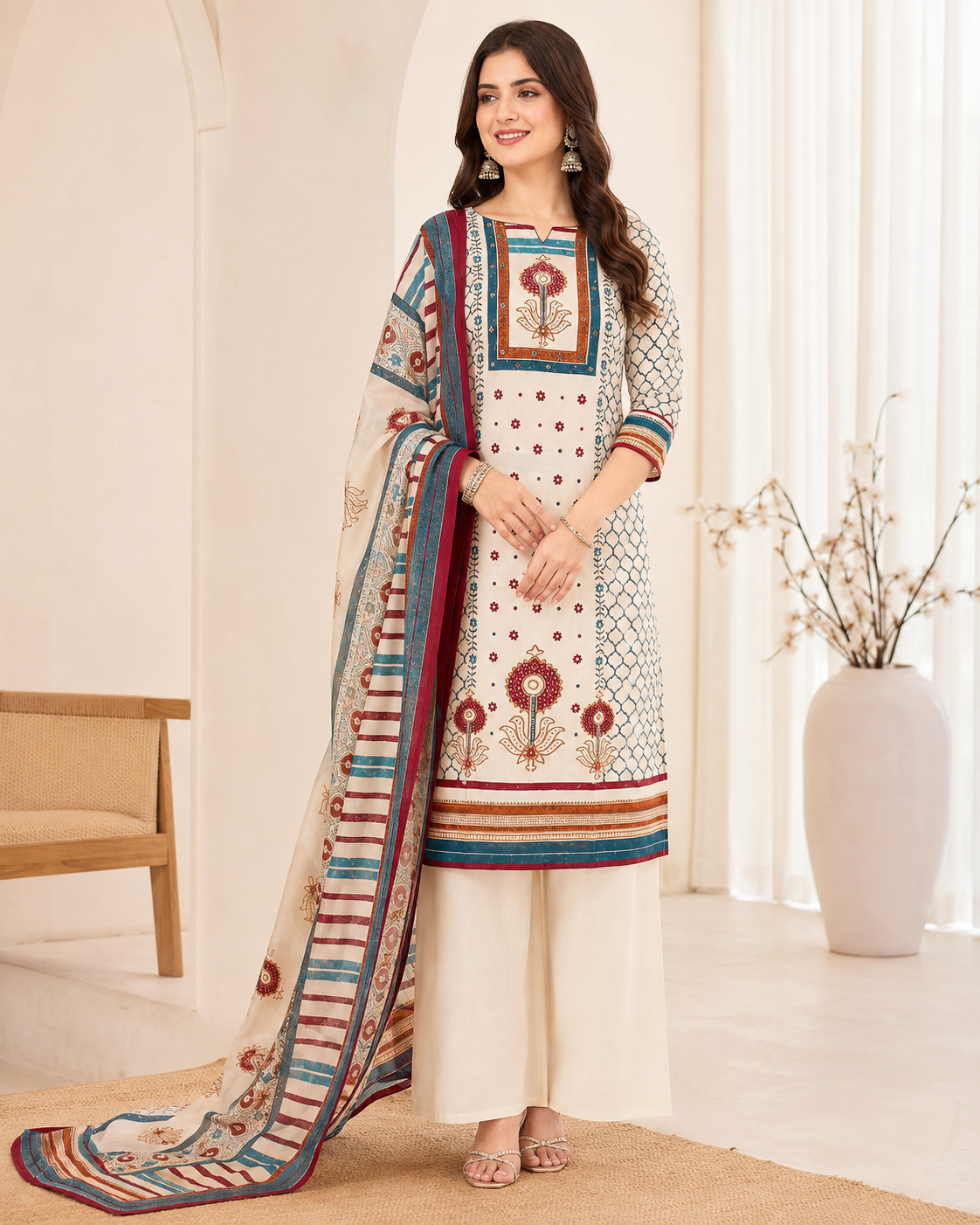 White Cotton Kurta Pant Dupatta Set with Embroidery & Mirror Work