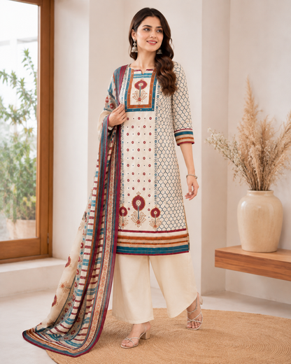 White Cotton Kurta Pant Dupatta Set with Embroidery & Mirror Work