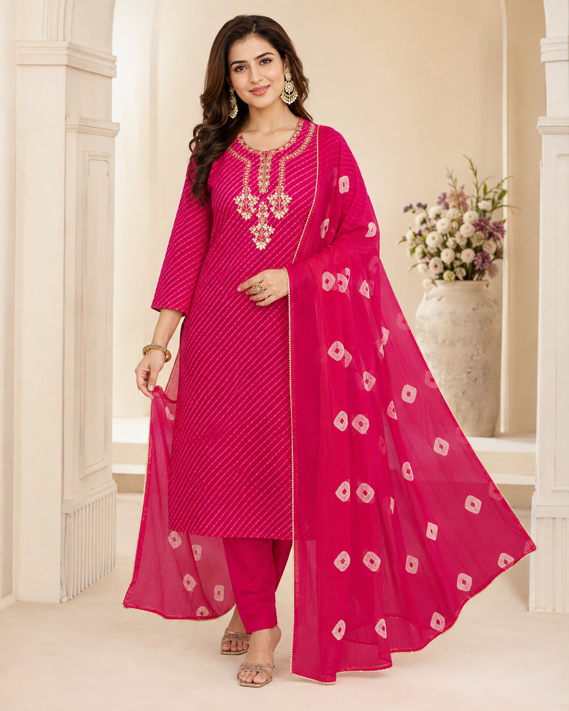 Rani Pink Leheriya Bandhej Print Chiffon Kurta Set
