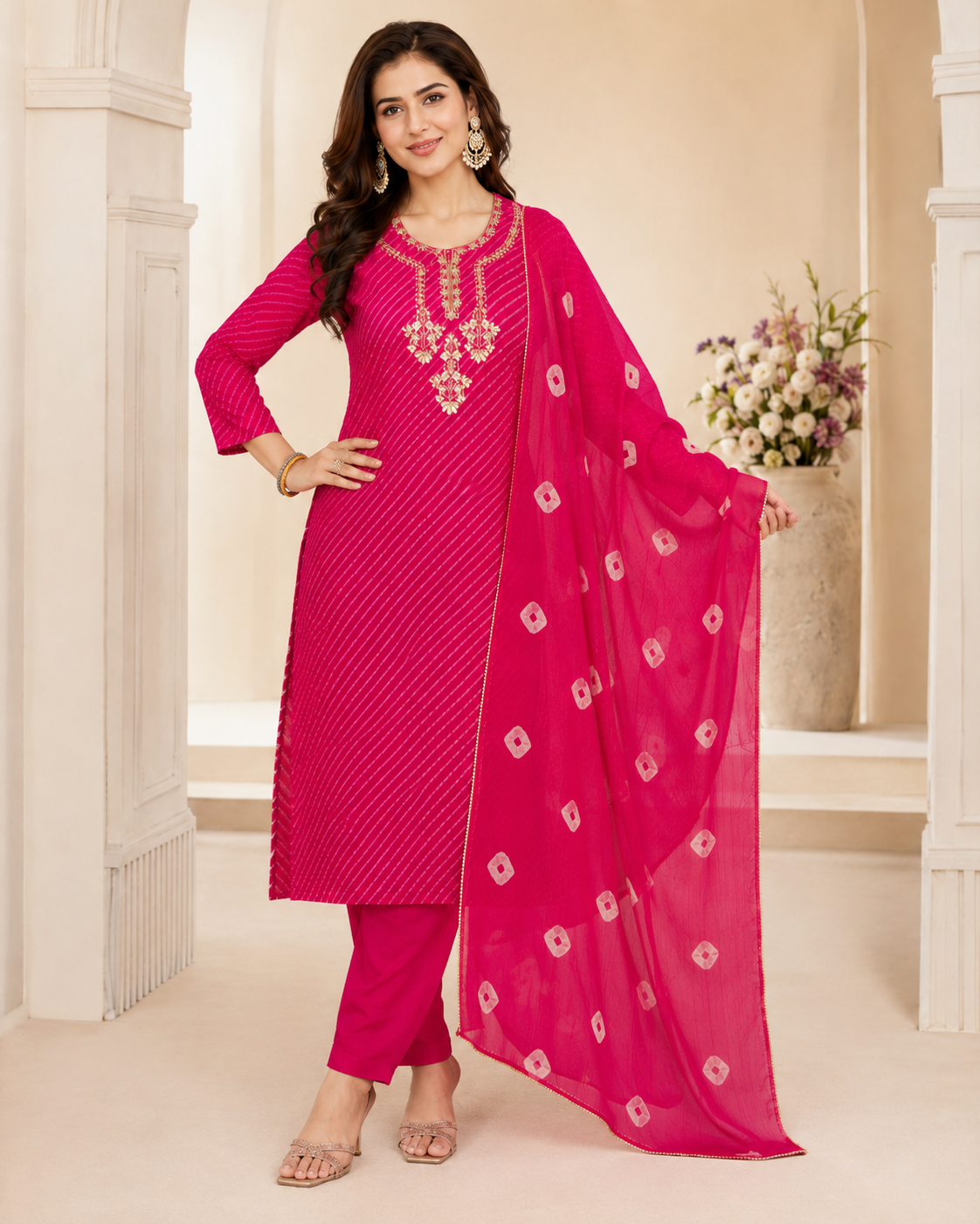 Rani Pink Leheriya Bandhej Print Chiffon Kurta Set