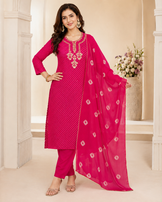 Rani Pink Leheriya Bandhej Print Chiffon Kurta Set