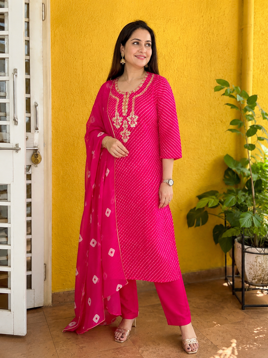 Rani Pink Leheriya Bandhej Print Chiffon Kurta Set