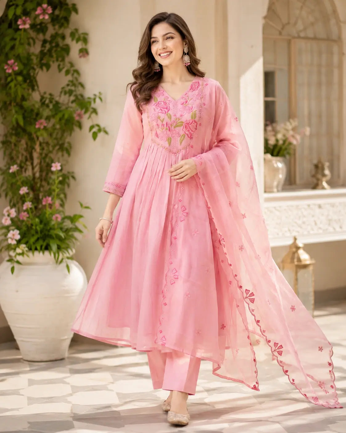 Onion Pink Mul Chanderi 3-Piece Kurta Pant Set with Embroidered Dupatta