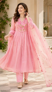 Onion Pink Mul Chanderi 3-Piece Kurta Pant Set with Embroidered Dupatta
