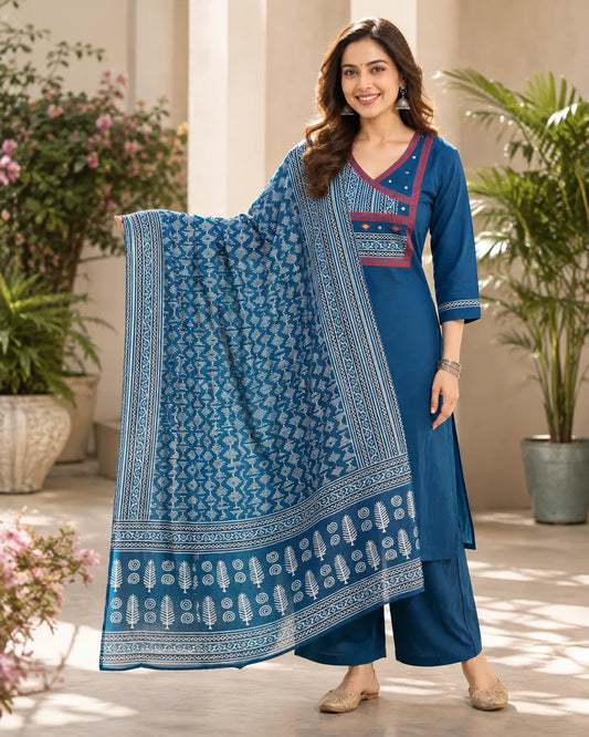 Dabu Cotton 3-Piece Kurta Pant Set with Mirror Work & Printed Dupatta – Blue