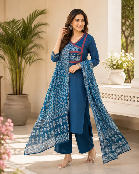 Dabu Cotton 3-Piece Kurta Pant Set with Mirror Work & Printed Dupatta – Blue
