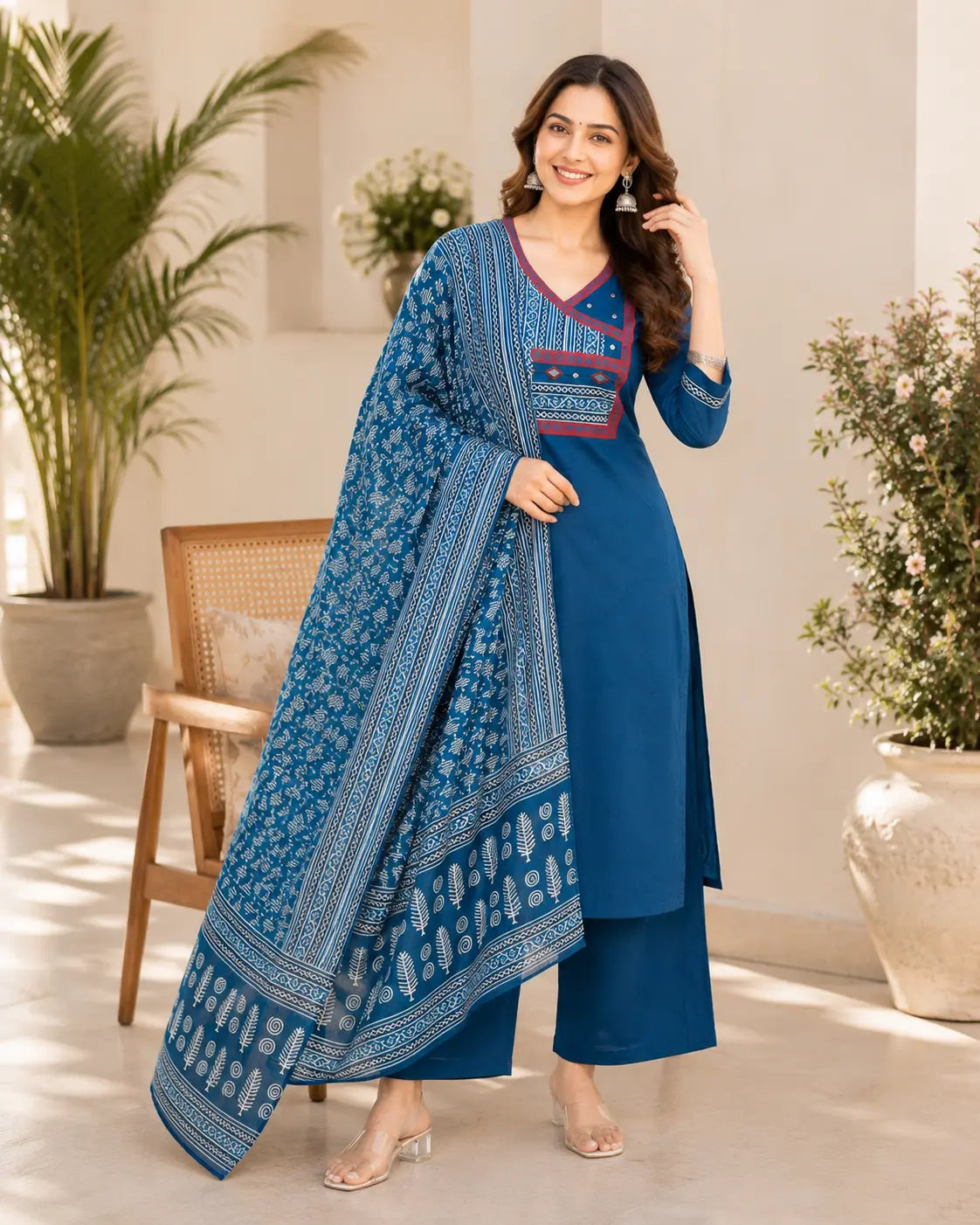 Dabu Cotton 3-Piece Kurta Pant Set with Mirror Work & Printed Dupatta – Blue