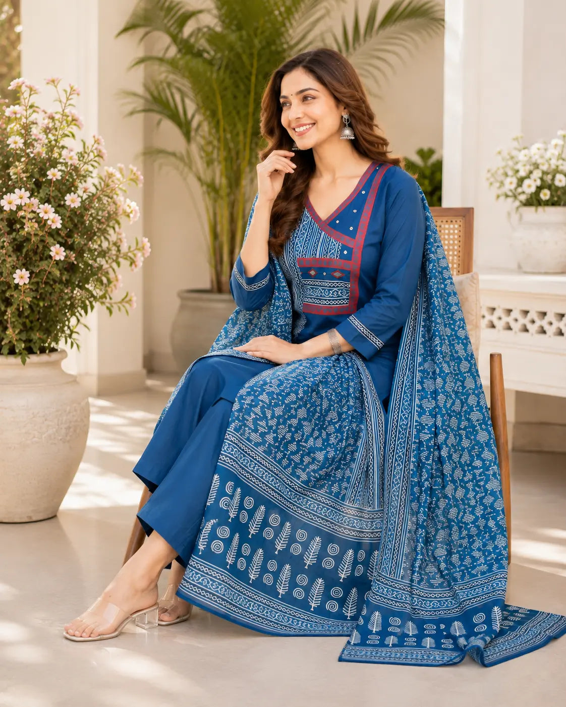 Dabu Cotton 3-Piece Kurta Pant Set with Mirror Work & Printed Dupatta – Blue