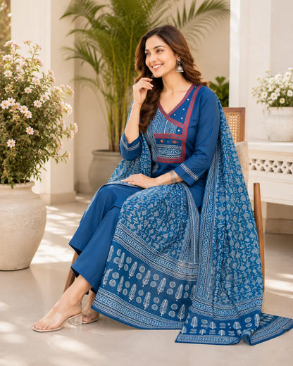 Dabu Cotton 3-Piece Kurta Pant Set with Mirror Work & Printed Dupatta – Blue