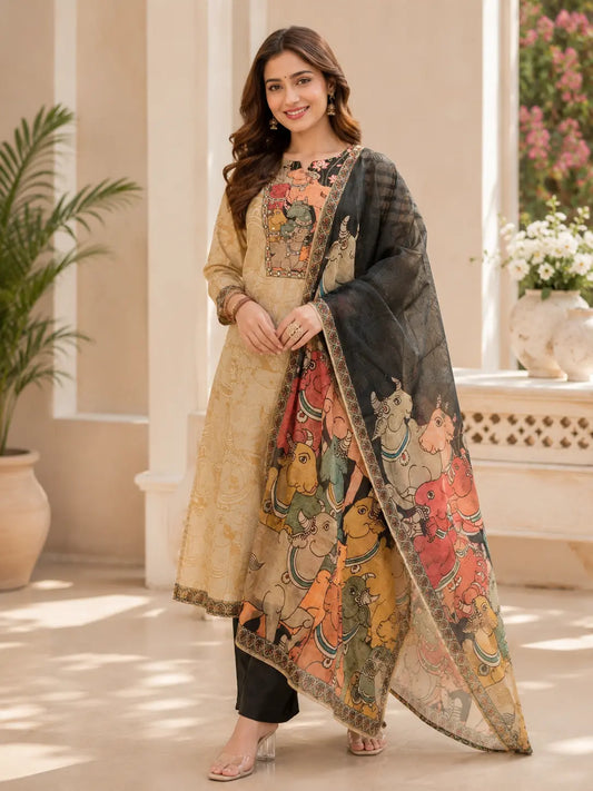 Beige Kalamkari Cotton 3-Piece Kurta Pant Set with Printed Dupatta & Handwork