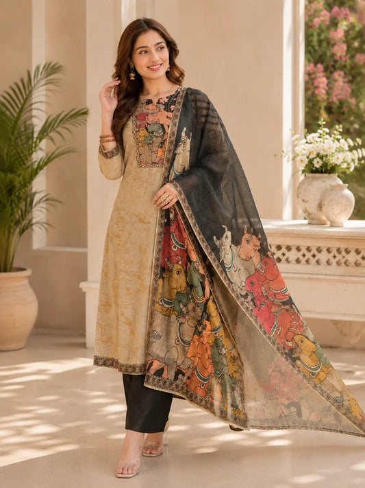 Beige Kalamkari Cotton 3-Piece Kurta Pant Set with Printed Dupatta & Handwork
