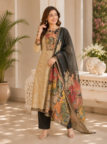 Beige Kalamkari Cotton 3-Piece Kurta Pant Set with Printed Dupatta & Handwork