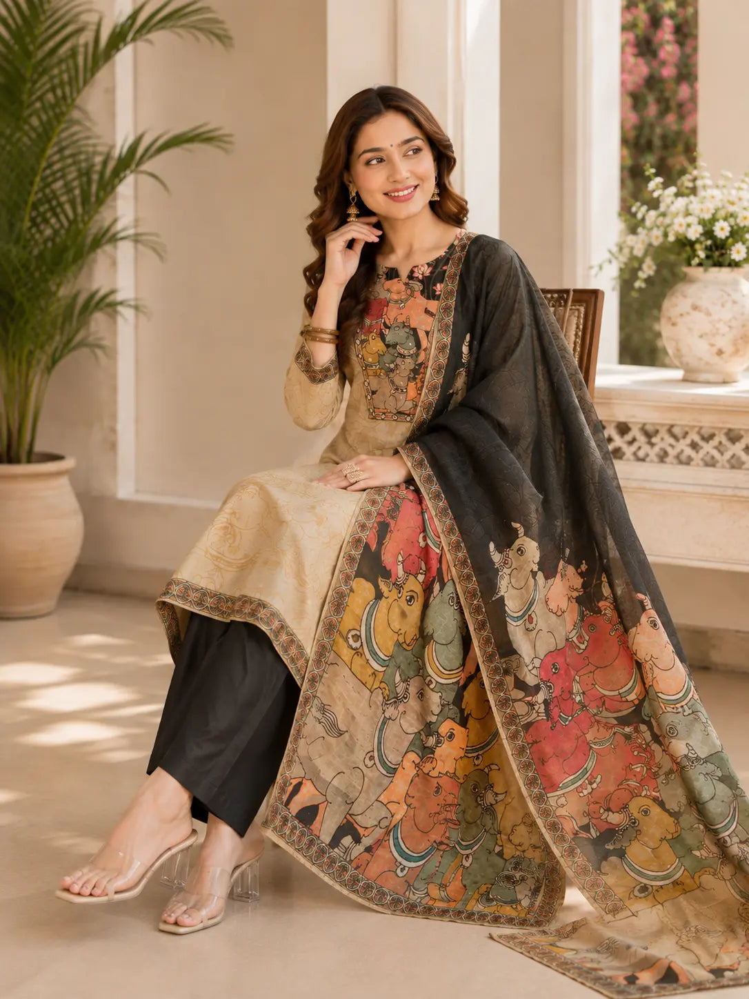 Beige Kalamkari Cotton 3-Piece Kurta Pant Set with Printed Dupatta & Handwork
