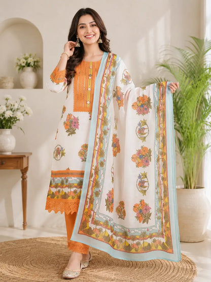 Orange and white Pure cotton with beautiful lace work
