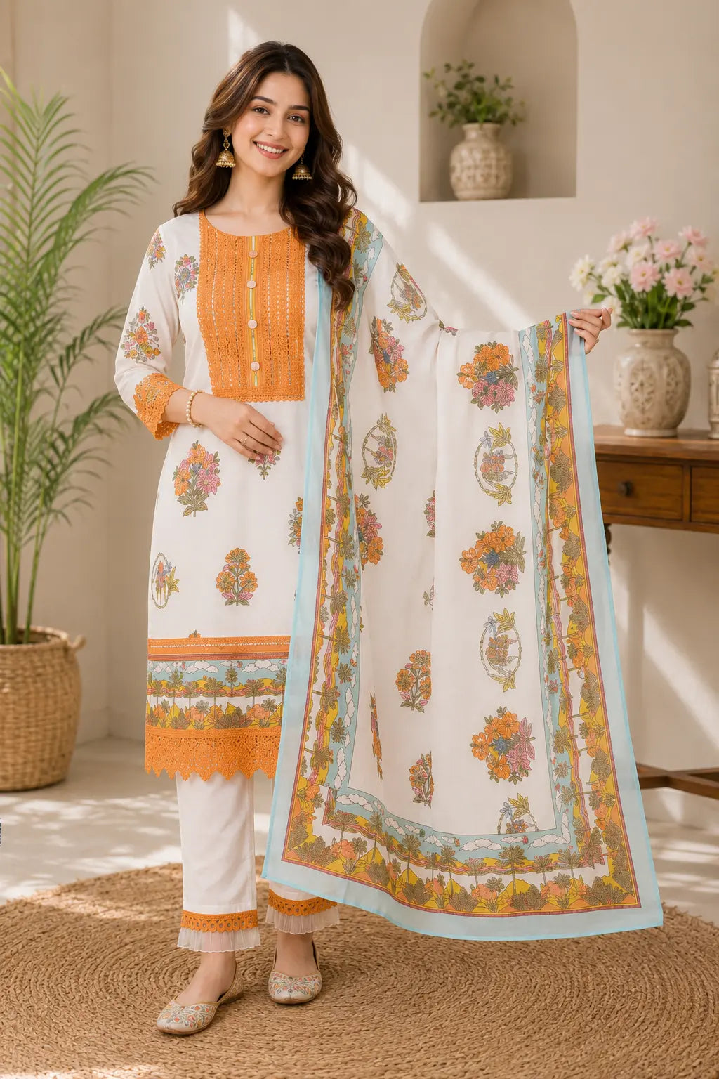Orange and white Pure cotton with beautiful lace work