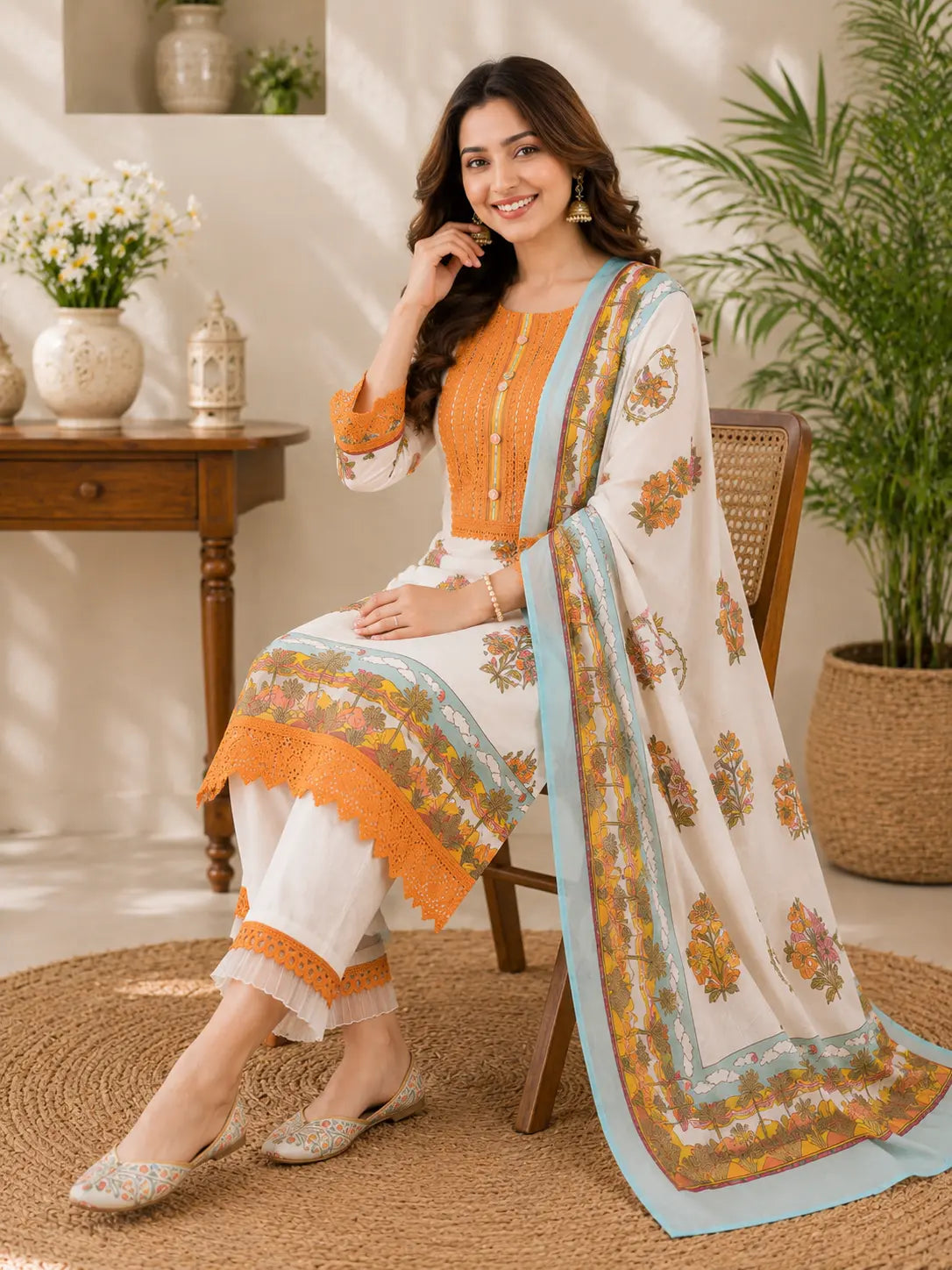 Orange and white Pure cotton with beautiful lace work