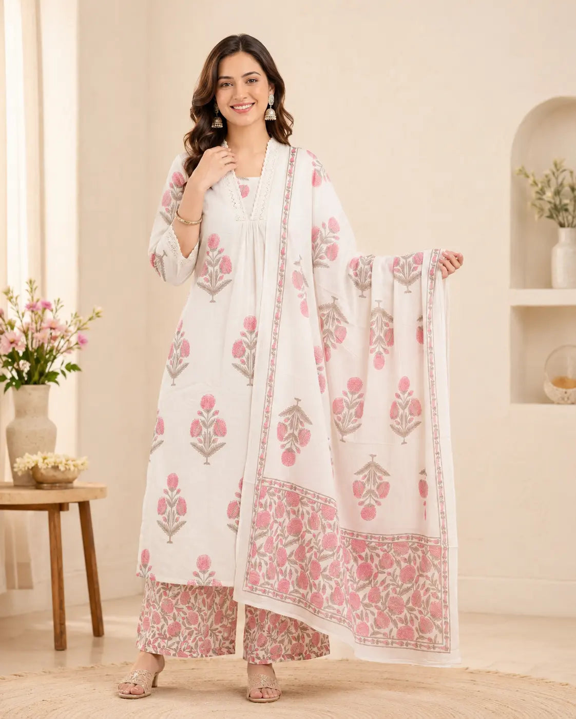 Pink and white pure cotton Kurta pant set with Dupatta