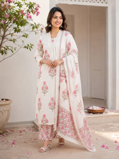 Pink and white pure cotton Kurta pant set with Dupatta