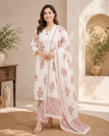 Pink and white pure cotton Kurta pant set with Dupatta