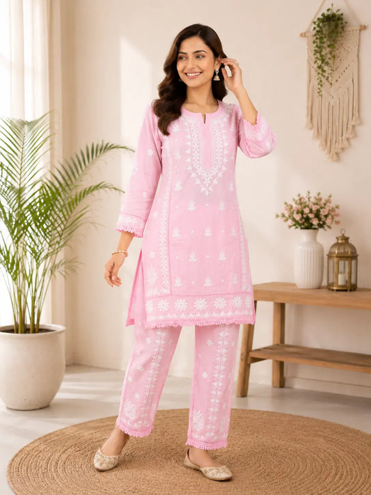Premium Rayon Pink Chikankari Coord Set