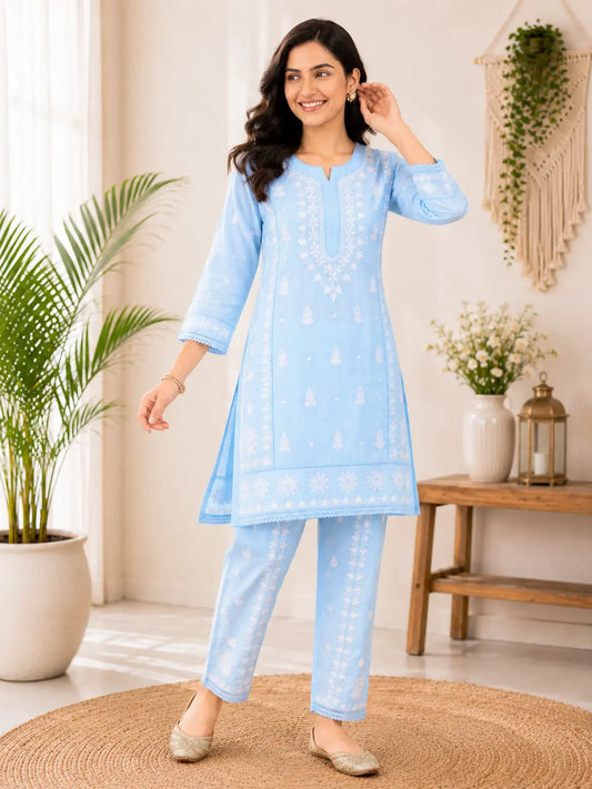Blue rayon chikankari co-ord set, matching top and pants