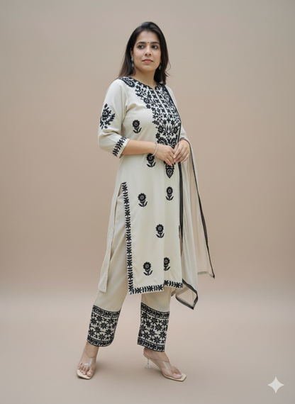 Women's Premium Rayon Chikankari Embroidered Kurta Pant Dupatta Set (White & Black)