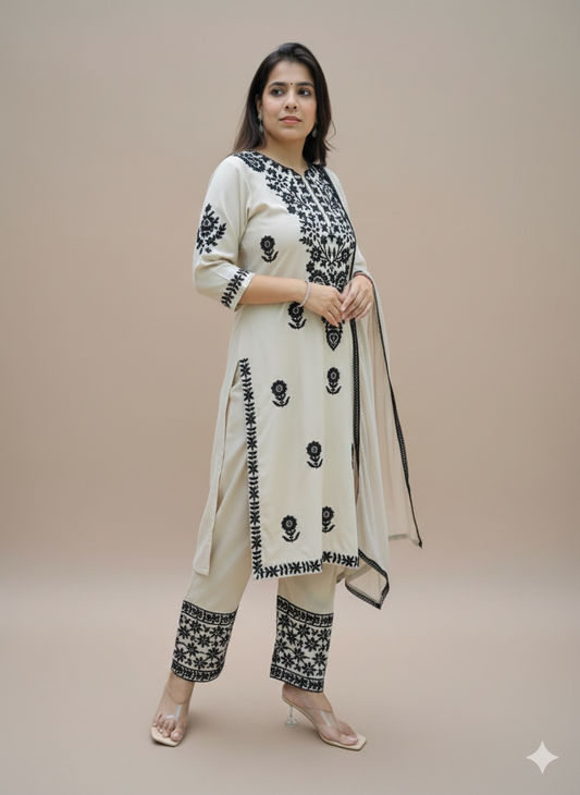 Women's Premium Rayon Chikankari Embroidered Kurta Pant Dupatta Set (White & Black)